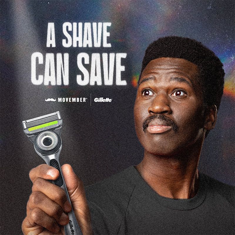 Photo of a man holding up a razor. Superimposed text reads: "A shave can save".