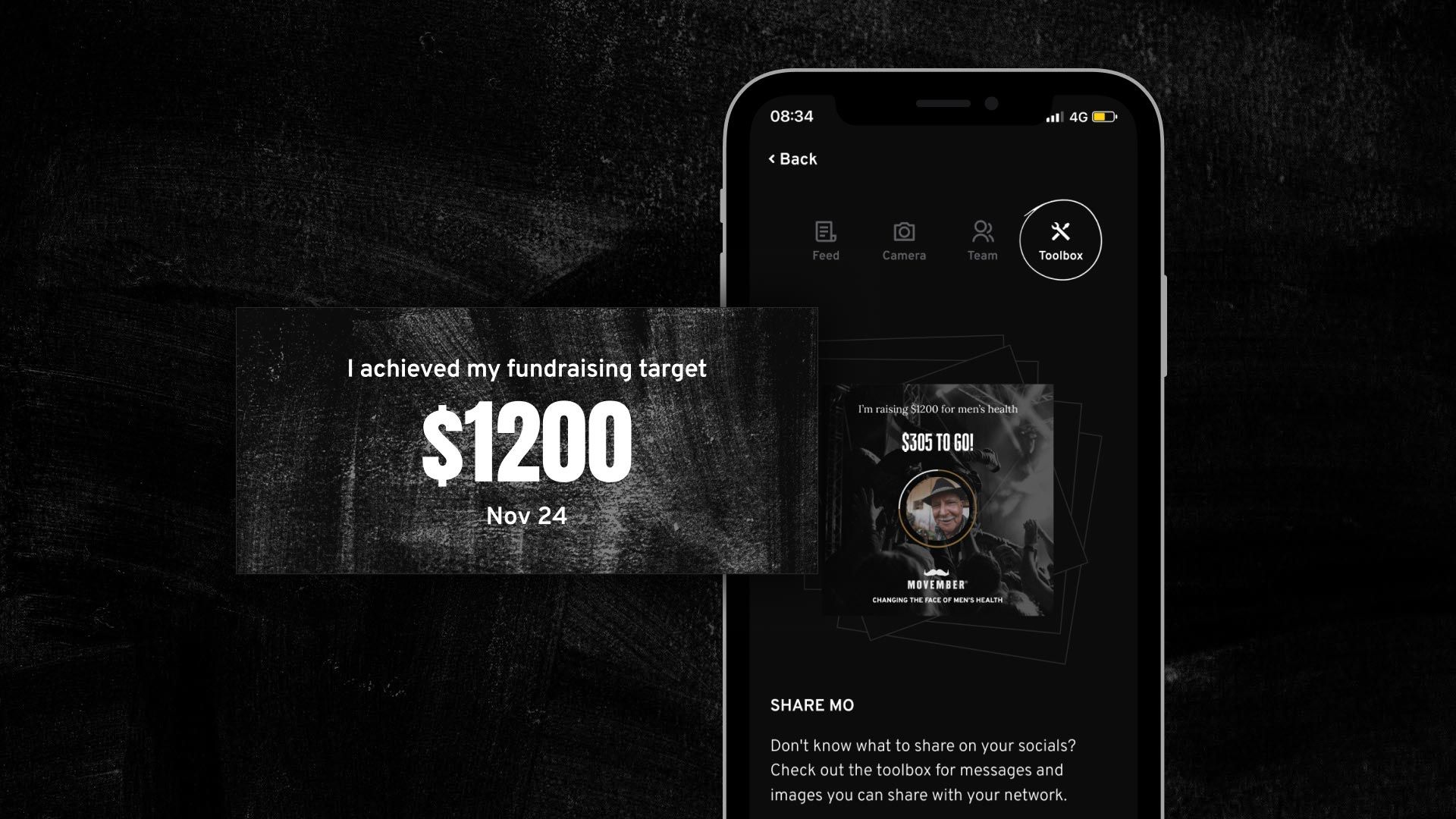 Image of different Movember app phone fundraising screens.