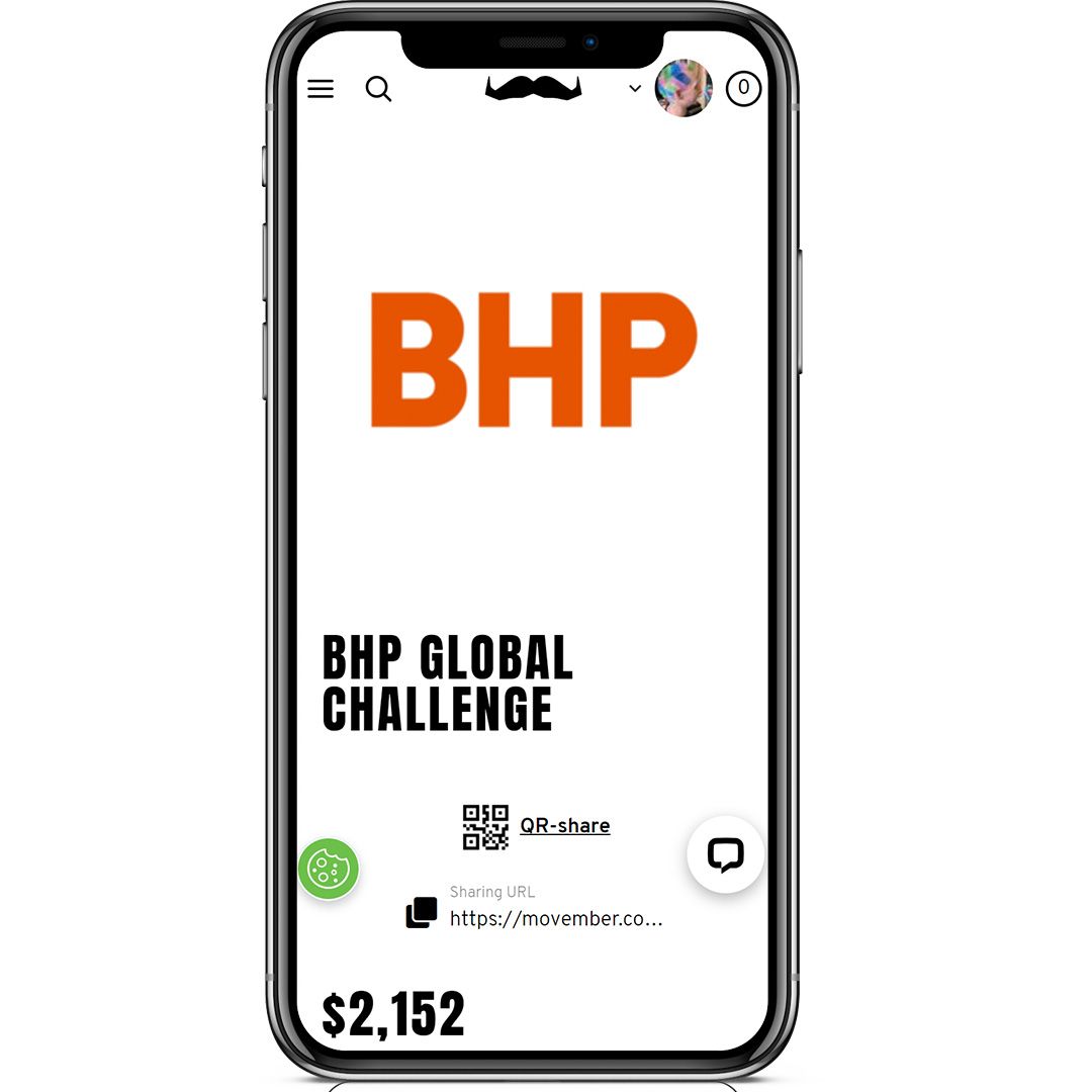 Screen capture of the movember.com BHP Challenge page. It says "BHP - GLOBAL CHALLENGE".