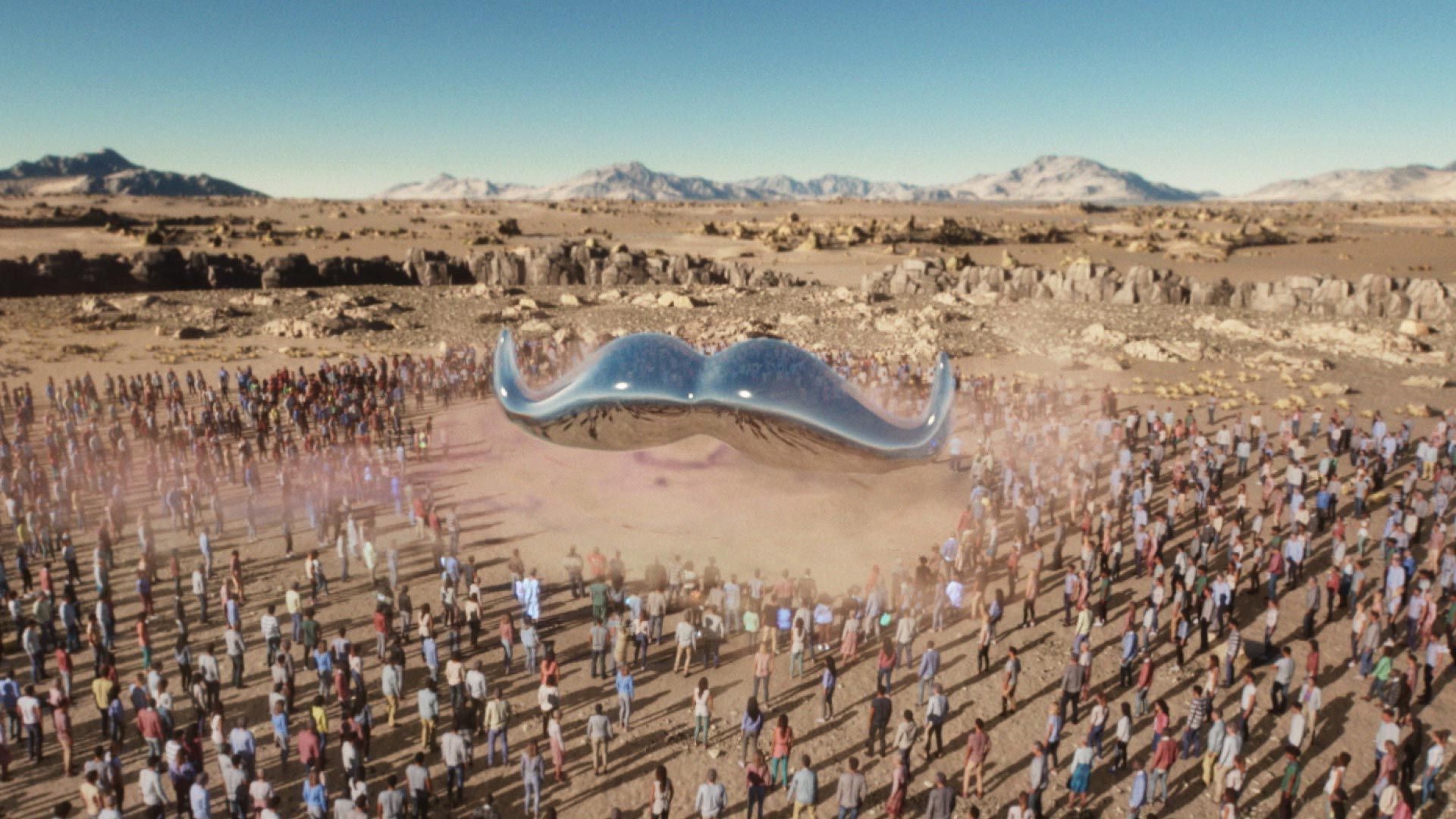 Image of a giant silver moustache, descending on a crowd gathered in a desert.